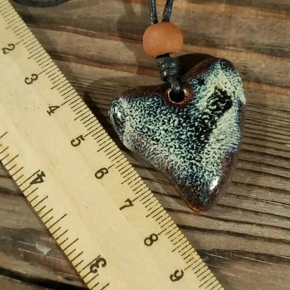 Hand Crafted Artsy Heart Glazed Blue Brown Cream Porcelain Pendant Necklace - Picture 6 of 7